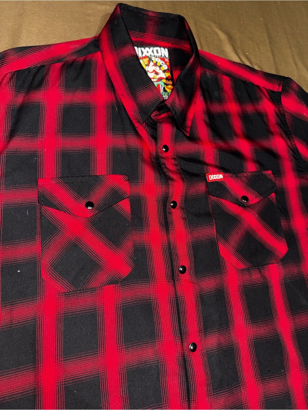Dixxon Rojo Loco Red & Black Bamboo short sleeve Plaid Men's Button-Up Shirt - Picture 2 of 4
